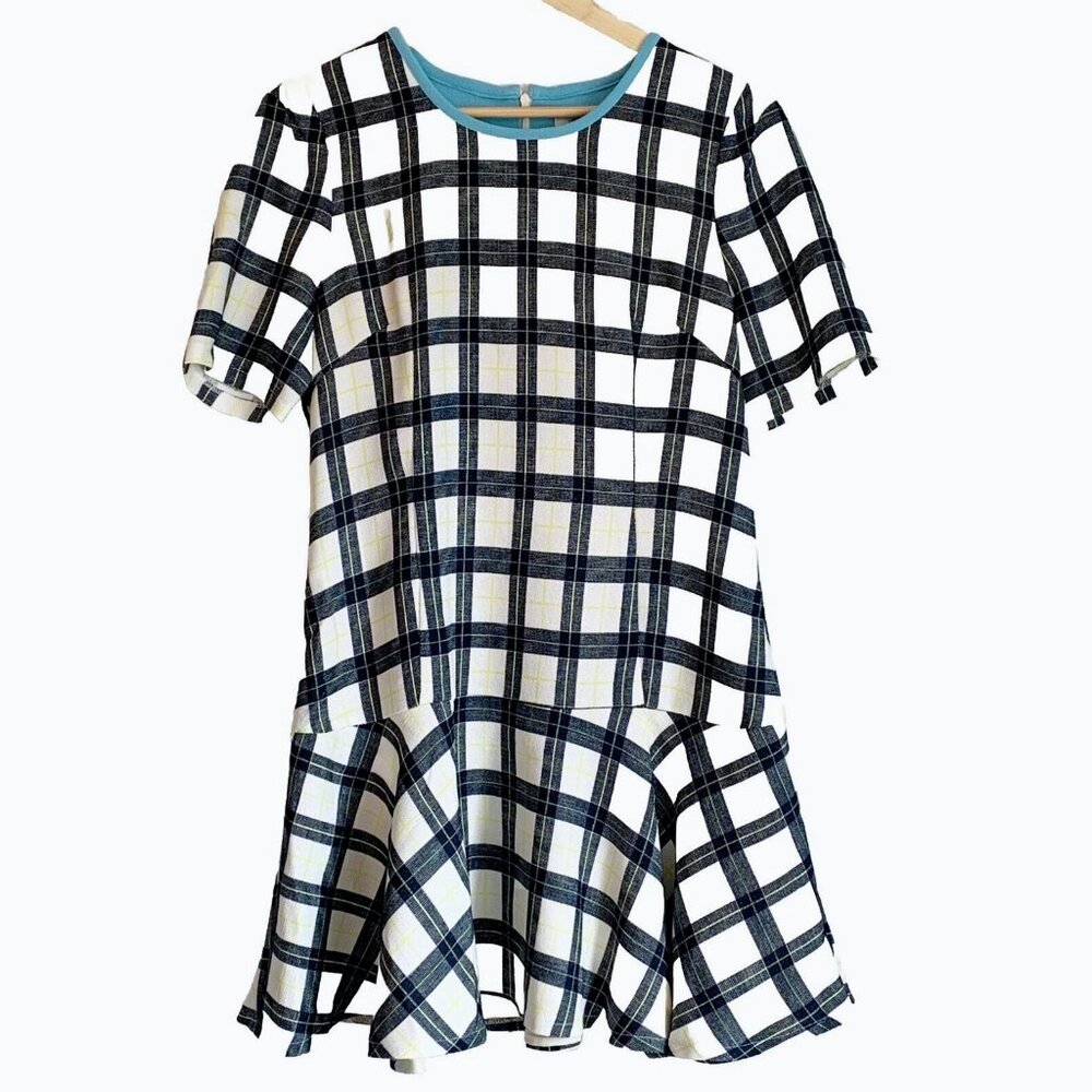 Jovonna London White Check Drop Waist Dress Women’s 10 Flare Mod Preppy Academia